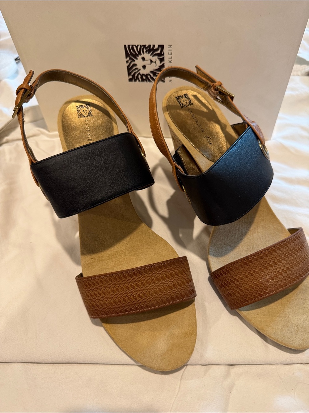 Anne Klein Black and Brown Aktaye Cork Wedge Sandals
